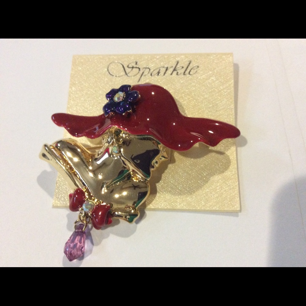 New gold lady pin brooch with red hat rhinestones